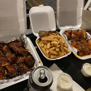 a variety of food items on a table