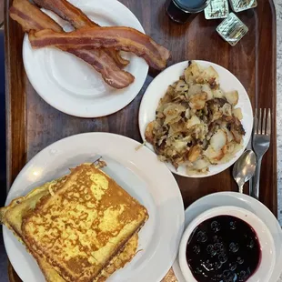 Bacon, potatoes, French toast with blueberries!