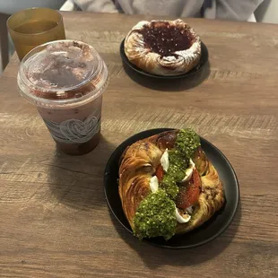 Caprese croissant, berry fold croissant, and strawberry tiramisu cold brew