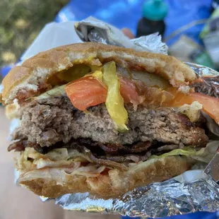 Mama burger with bacon, jack cheese and the works