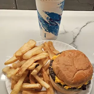 Mama burger, fries and chocolate shake.