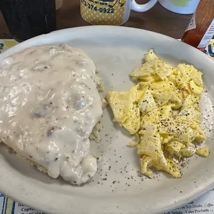 Eggs, biscuits and gravy