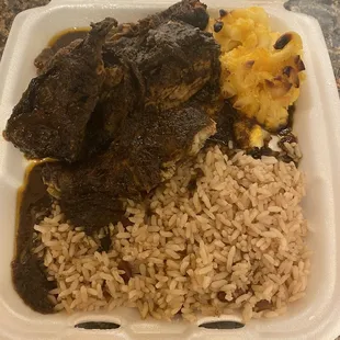 Large Jerk Chicken, Rice and Peas, and Mac and Cheese