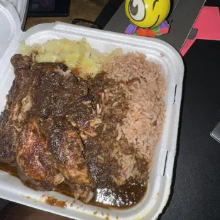 41. Jerk Chicken rice and bean, cabbage