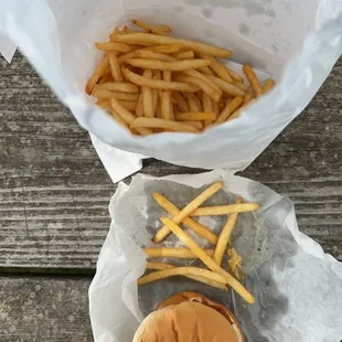 a hamburger and french fries