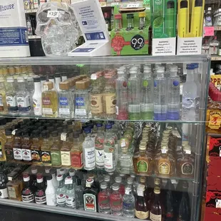 a variety of liquor bottles