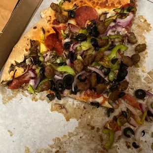 a half eaten slice of pizza