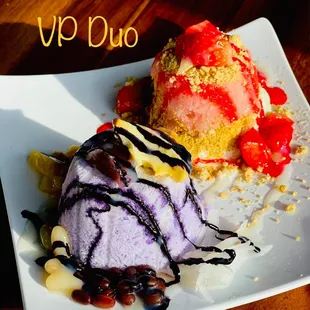 VP Duo, get two 6oz servings of our Snow specials on one plate.   Halo-Halo and Strawberry Cheesecake Snow specials are pictured.