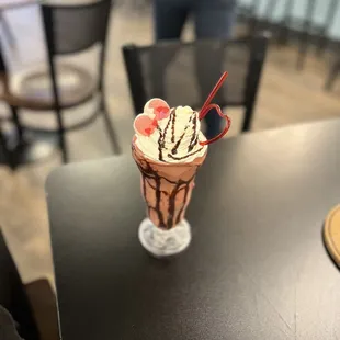 a chocolate milkshake on a table