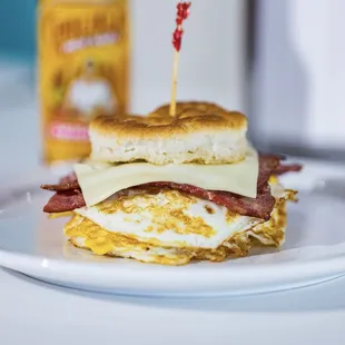Turkey bacon, egg and cheese sandwich on a biscuit!