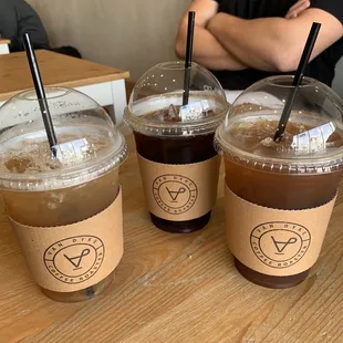 three cups of iced coffee