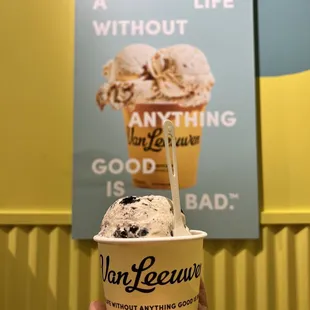 a hand holding a cup of ice cream