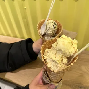 Waffle Cones; Cookies and Cream Ice Cream (back); Honeycomb and Malted Milkshake and Fries
