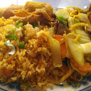 Lo mien with shrimp fried rice and an egg roll.