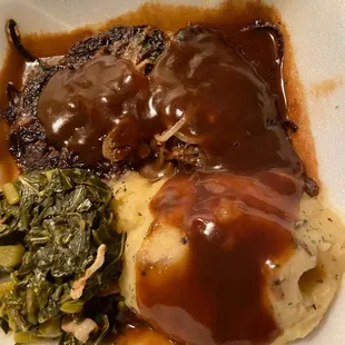 liver, onions, mashed potatoes, gravy, collards