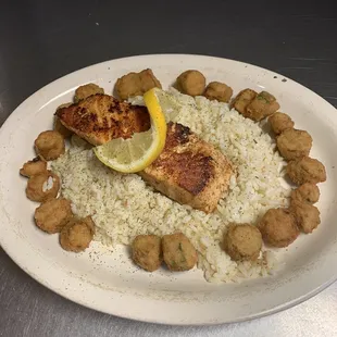 Special : Salmon over rice pilaf &amp; fried okra