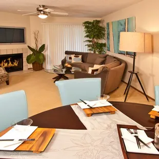 Open living spaces with built-in fireplace