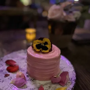 Rose pink butter cake. For 2! Light and fluffy. Frosting is more on the waxy side not sweet at all. ...gorgeous!