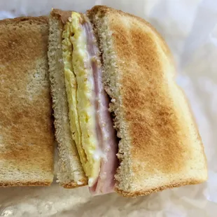 ham, cheese, egg on toast. next time I would ask for no mayo