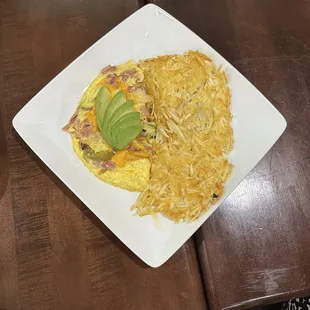 Denver Omelet Breakfast with hashbrowns and Avocado Slices A La Carte