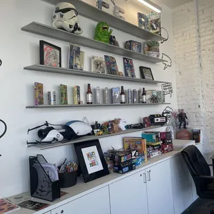 shelves of books and toys