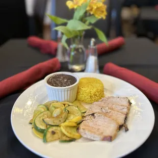 Roast Pork Tenderloin, black beans n yellow rice and calibasitas