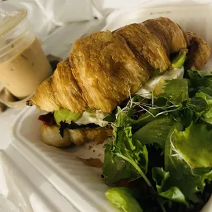 Burrata Croissants &amp; I added some crispy bacon! Iced latte &amp; Popeyes smoothie