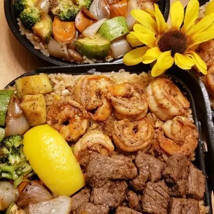 Steak, shrimp, chicken, veggies, fried rice, Hibachi