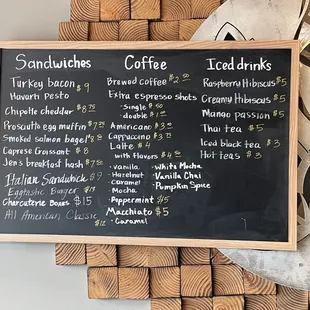 Sandwiches and drinks menu
