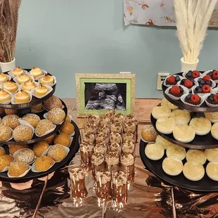 Catered Desserts: Yuzu / Chocolate Mini Tarts, Black Seasame / Vanilla Mini Choux, Chocolate Mousse Cups, Calpico Panna Cotta Cups