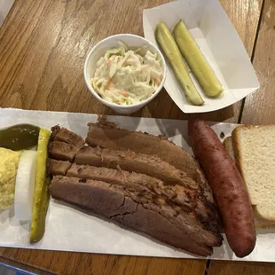 Brisket &amp; Sausage, potato salad, coleslaw.