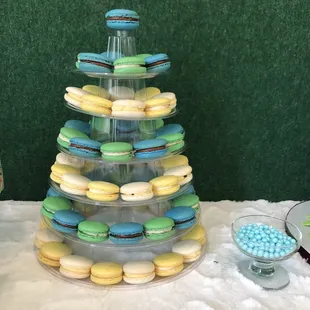 Chocolate, lemon, passion fruit, and guava macarons