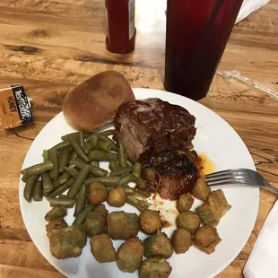 BBQ Brisket Dinner with Green Beans, Fried Okra and a Roll (served with honey and "butter")