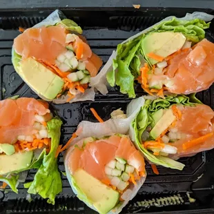 salmon, avocado, and lettuce wrapped in lettuce