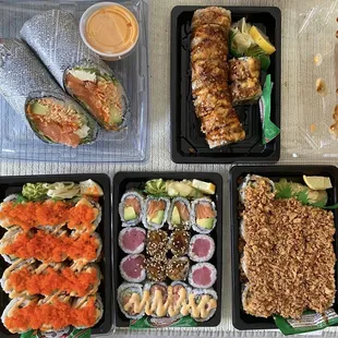 Top left to bottom right: 1) Van&apos;s Sushi Burrito, 2) Spider Roll, 3) Dynamite Tuna Roll, 4) Van&apos;s Sushi Combo, 5) Crunchy California Roll,