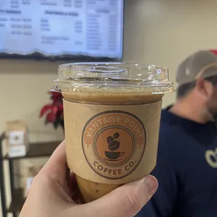 Iced vanilla latte - their tagline is "never miss a bean!"