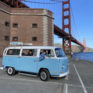Harvey the blue VW tour bus.