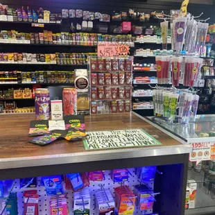a display of various flavored beverages