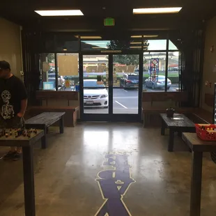 At counter looking at front door