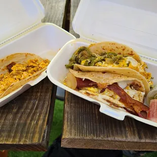 Chorizo &amp; egg, nopales &amp; egg, and bacon and egg tacos.