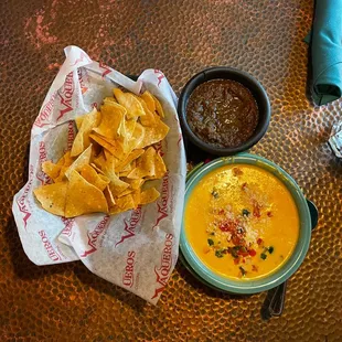 Chips, Salsa and a large Queso