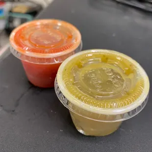 Red and Green sauce. Red is spicier than green. Both tasty