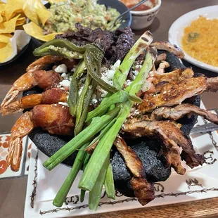 Molcajete (steak, shrimp, chicken &amp; chorizo) enough for two plus leftovers