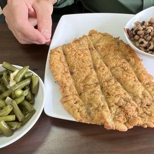 Chicken-fried steak, black-eyed peas, green beans