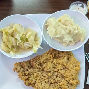 Small chicken fried steak, mashed potatoes and cabbage. So delicious!