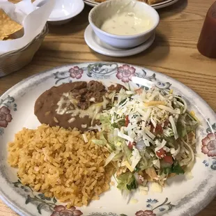 Tostada, beans, and rice