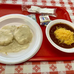 Biscuits &amp; Sausage Gravy and Chili with cheese and onions