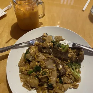 Beef Pad See Ew and Thai Iced Tea