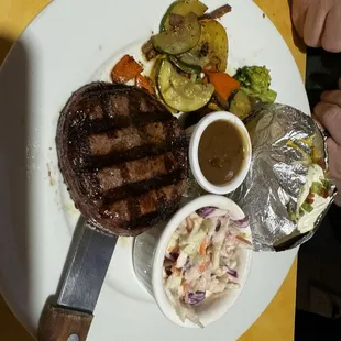 Filet mignon baked potato and slaw