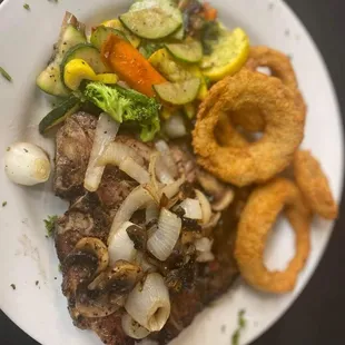 T-Bone, onion rings, &amp; sauteed veggies